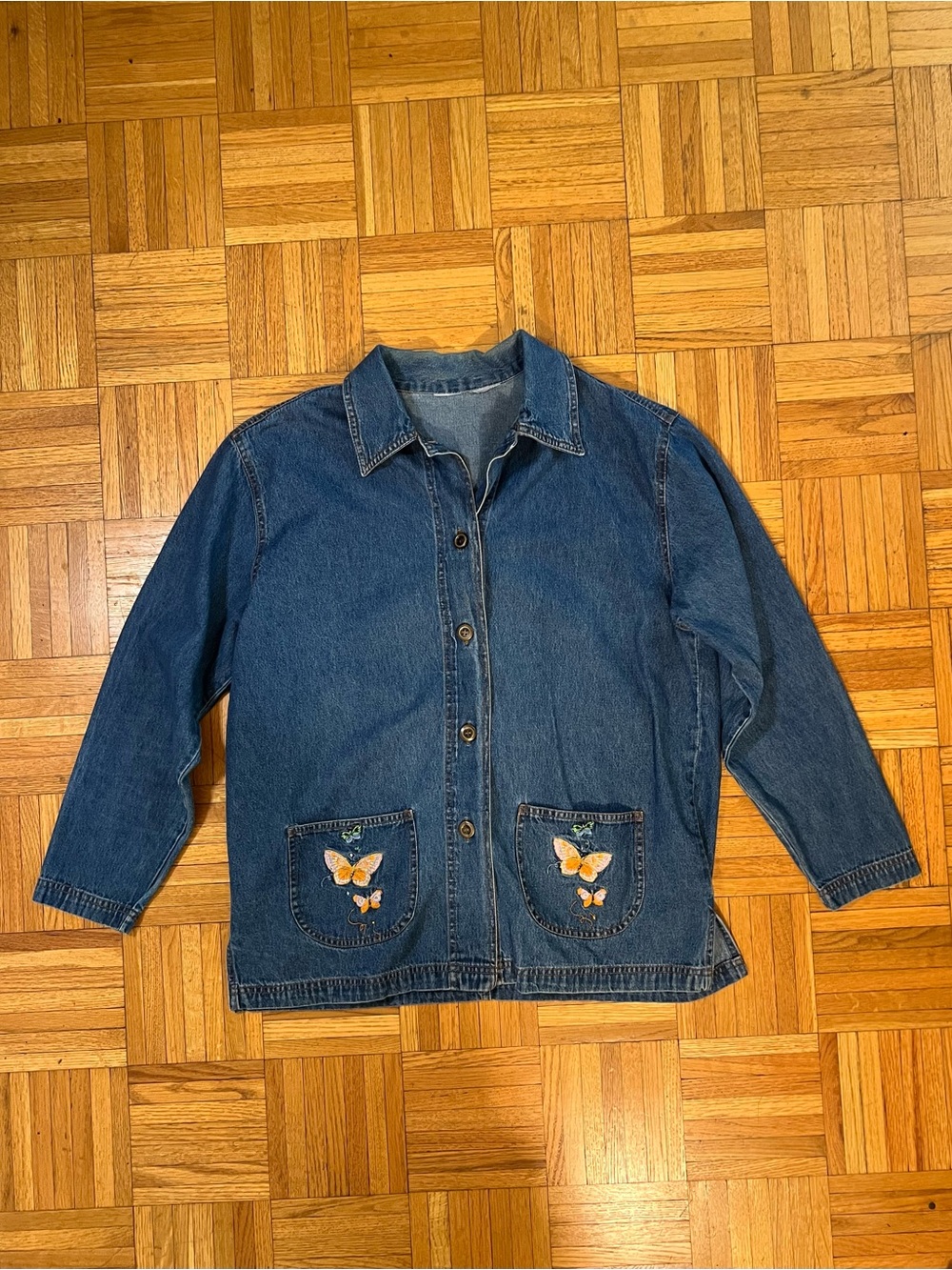 Cottage Core meets Grandma core Denim Jacket with Butterfly Pocket Embroidery XL